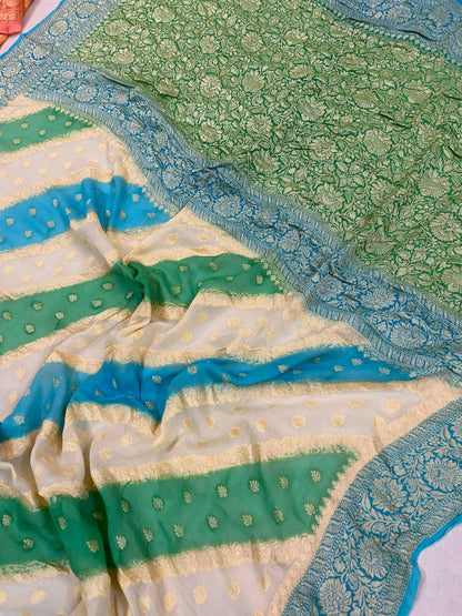 Enchanting Elegance: White & Green Rangkaat Pure Khaddi Georgette Banarasi Saree by Shades Of Benares - banarasi - banarasi saree shop