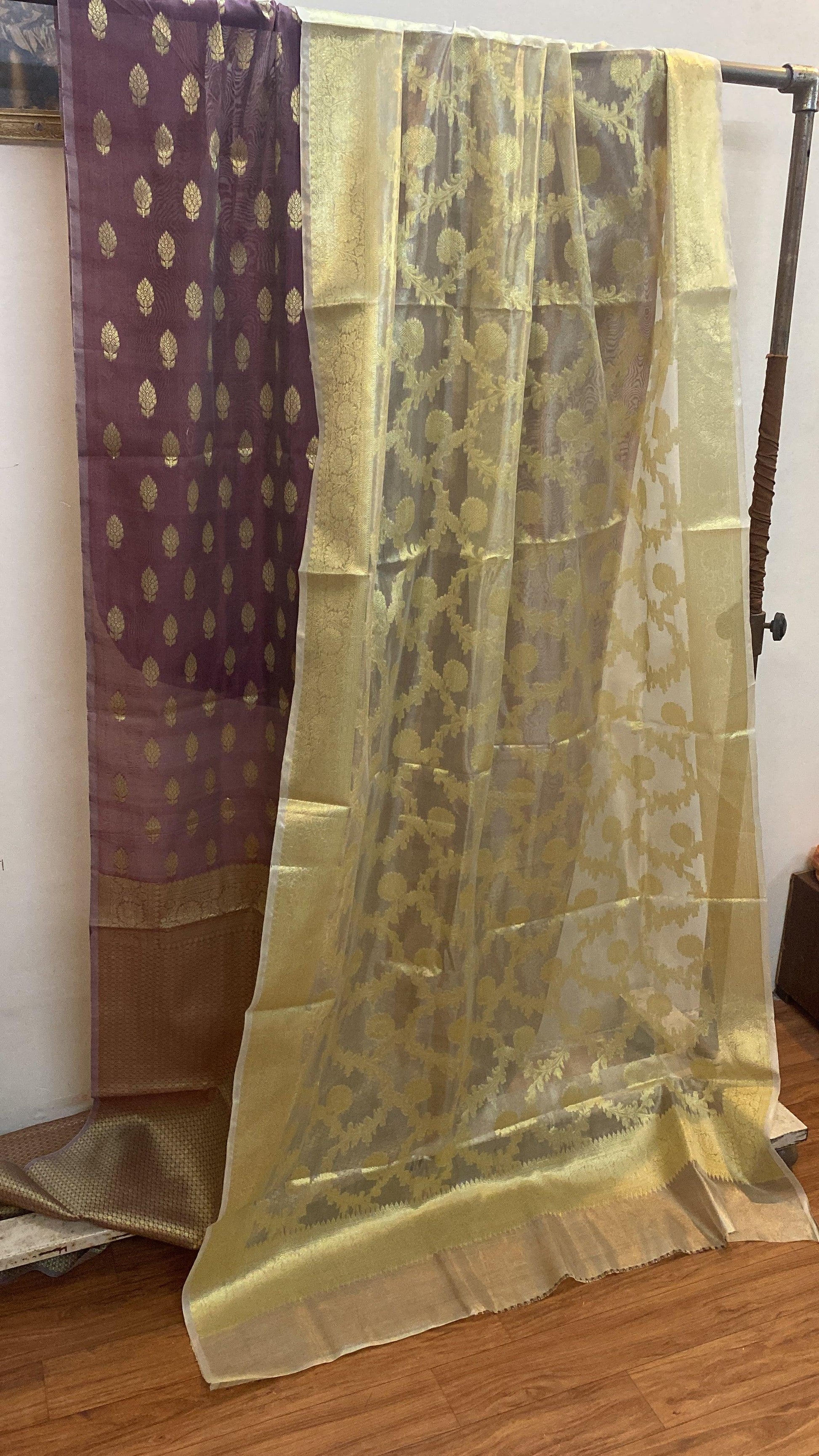 English Purple Banarasi cotton handloom 3 pcs suit set with Tissue Dupatta by Shades Of Benares - banarasi - banarasi saree shop