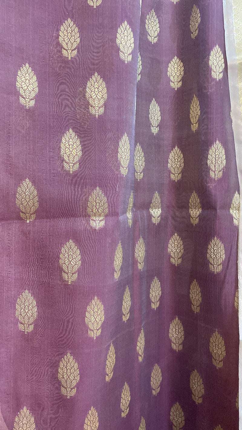 English Purple Banarasi cotton handloom 3 pcs suit set with Tissue Dupatta by Shades Of Benares - banarasi - banarasi saree shop