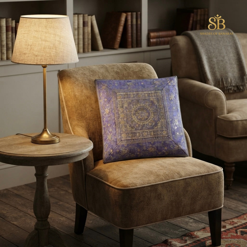 Purple brocade Banarasi cushion cover with gold zari floral medallion on a wooden chair