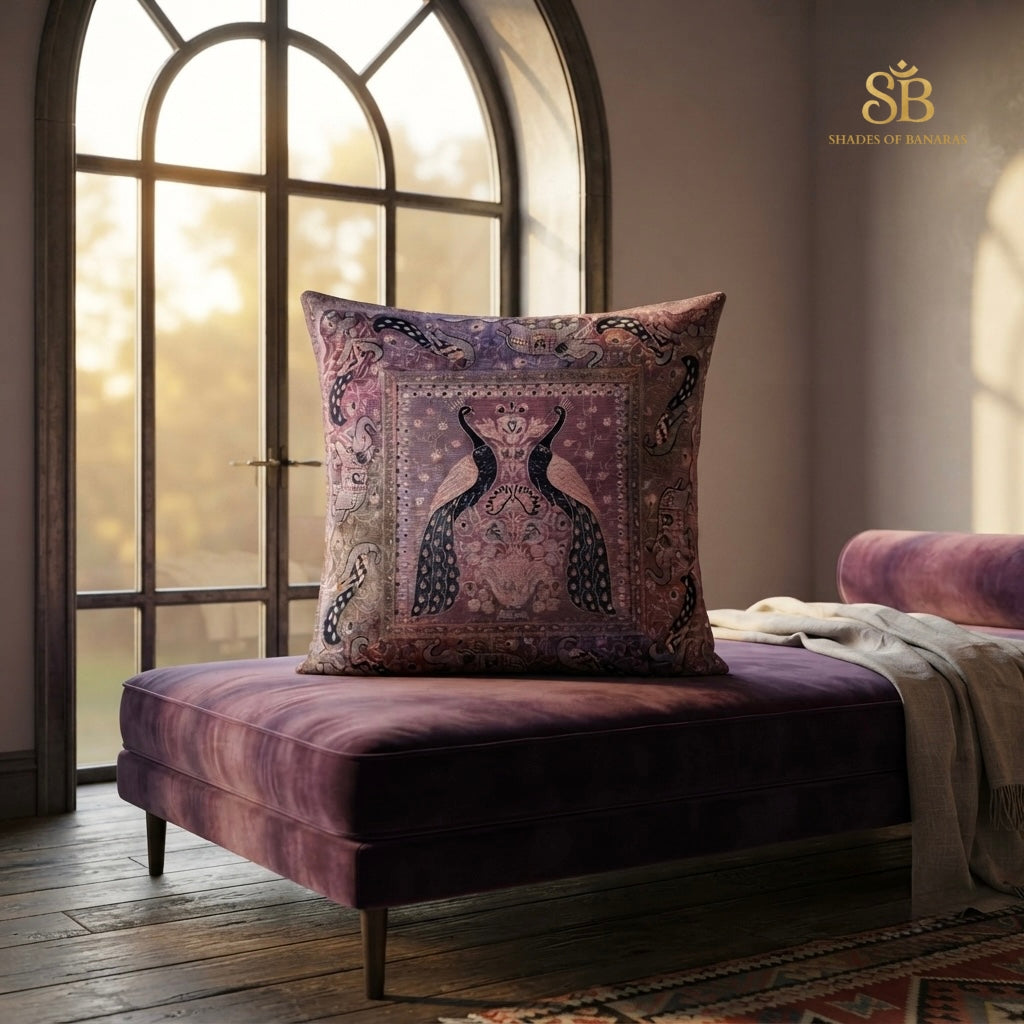 Multicolor brocade Banarasi cushion cover with peacock pair motif on a purple velvet chaise