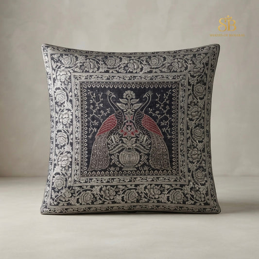 Black brocade Banarasi cushion cover with silver zari peacock pair motif