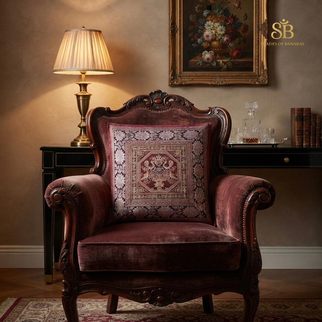 Maroon brocade Banarasi cushion cover with octagon medallion on a burgundy velvet chair