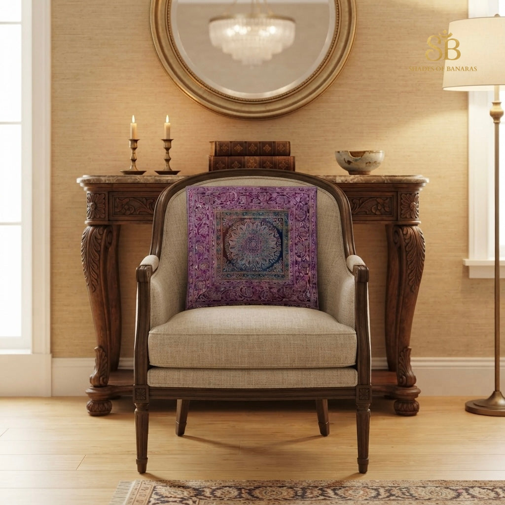 Purple brocade Banarasi cushion cover with mandala medallion on a linen armchair