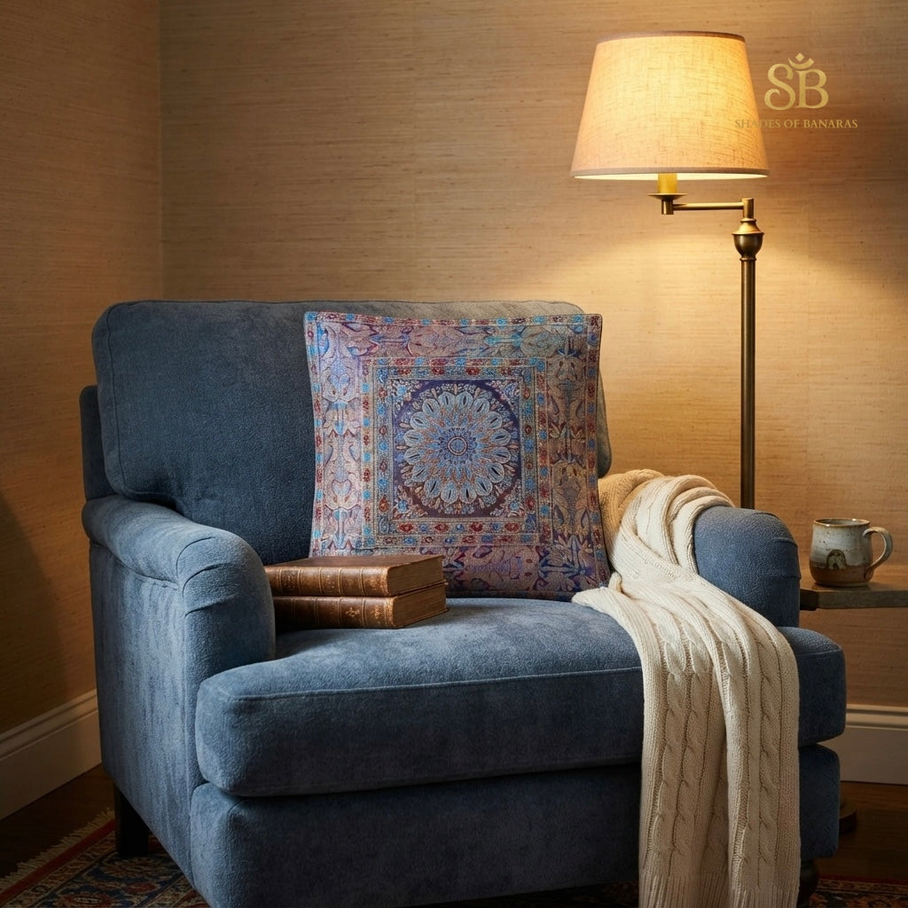 Multicolor brocade Banarasi cushion cover with mandala medallion on a blue armchair