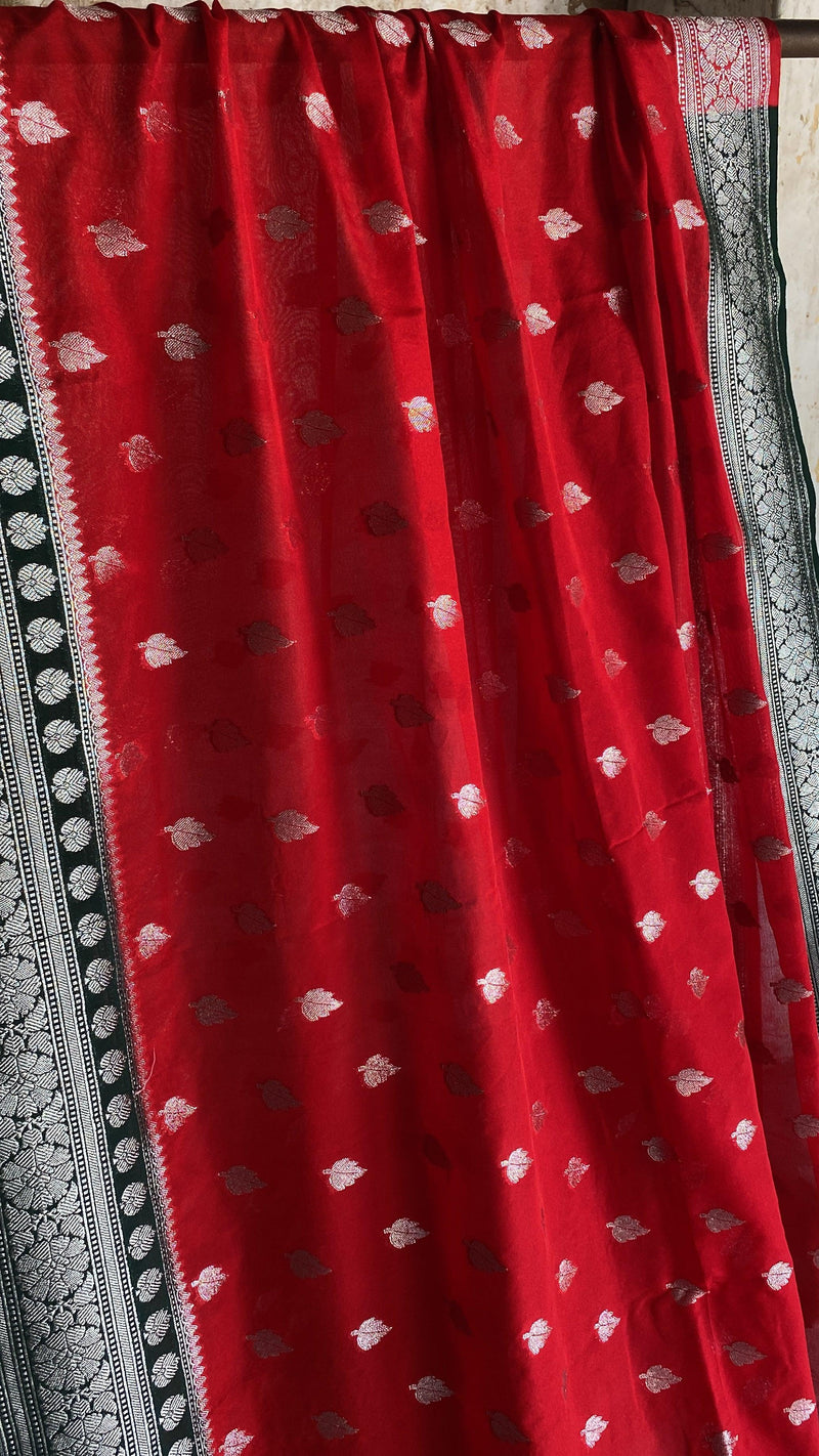 Exquisite and Timeless: Handwoven Red Pure Chiffon Banarasi Saree by Shades Of Benares - banarasi - banarasi saree shop
