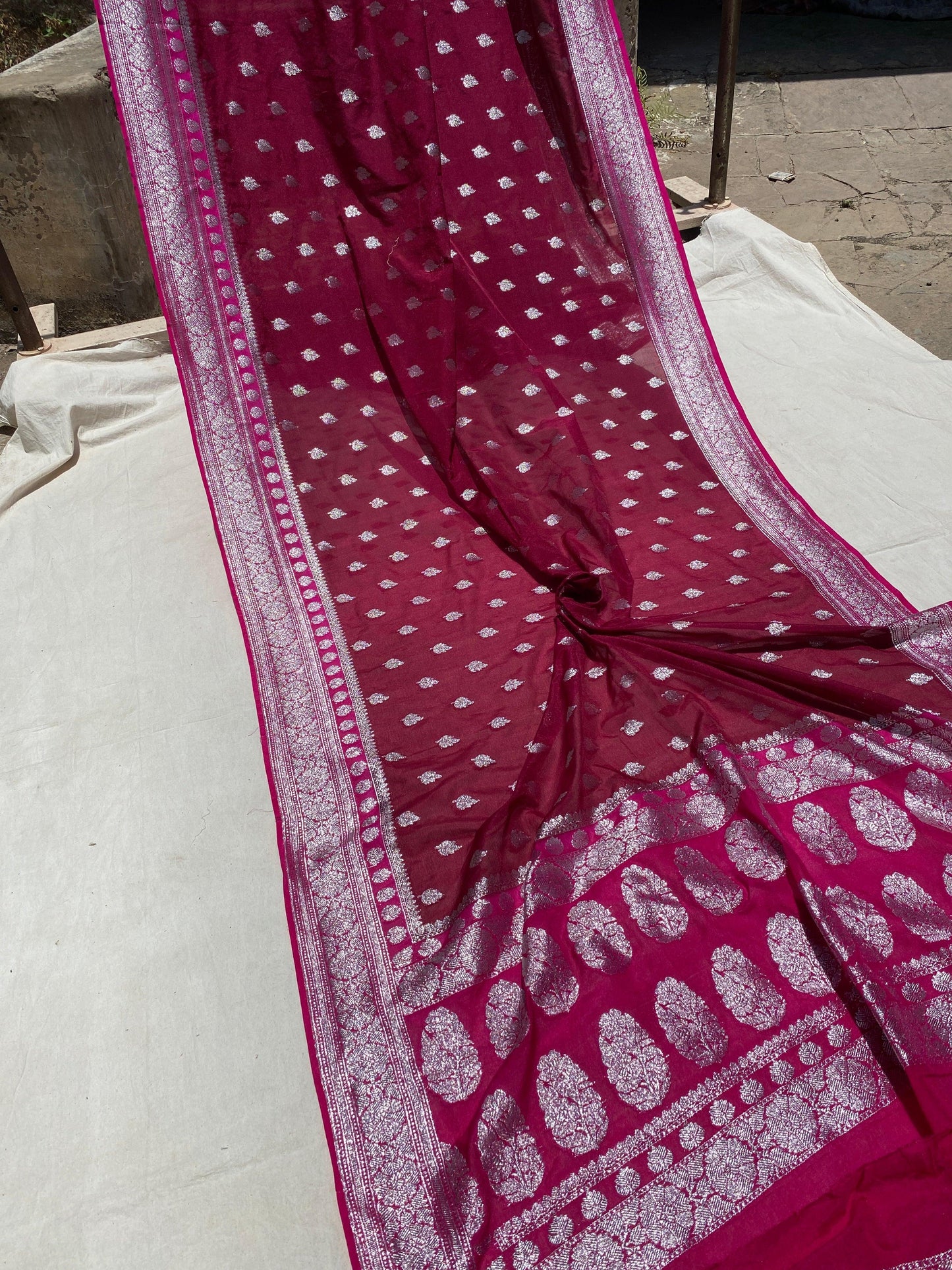 Exquisite and Timeless: Handwoven Wine Pure Chiffon Banarasi Saree by Shades Of Benares - banarasi - banarasi saree shop