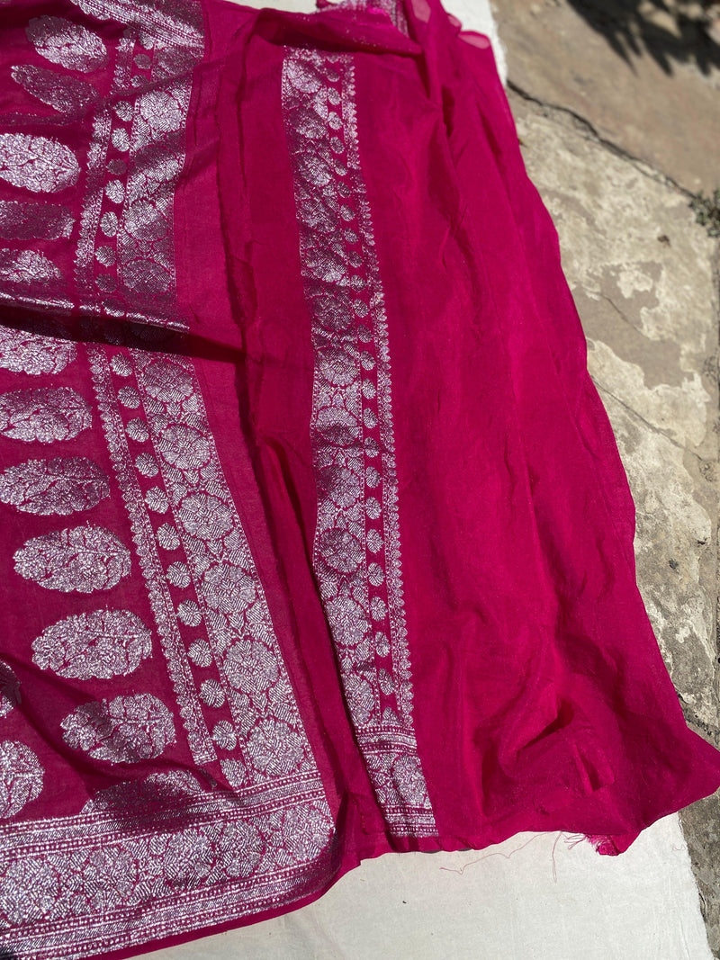 Exquisite and Timeless: Handwoven Wine Pure Chiffon Banarasi Saree by Shades Of Benares - banarasi - banarasi saree shop