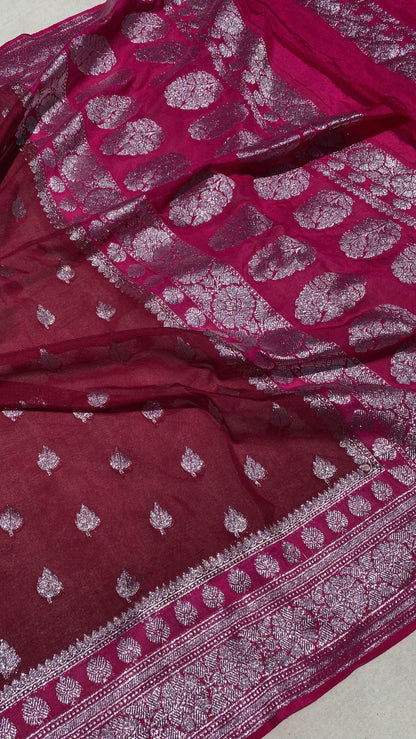 Exquisite and Timeless: Handwoven Wine Pure Chiffon Banarasi Saree by Shades Of Benares - banarasi - banarasi saree shop