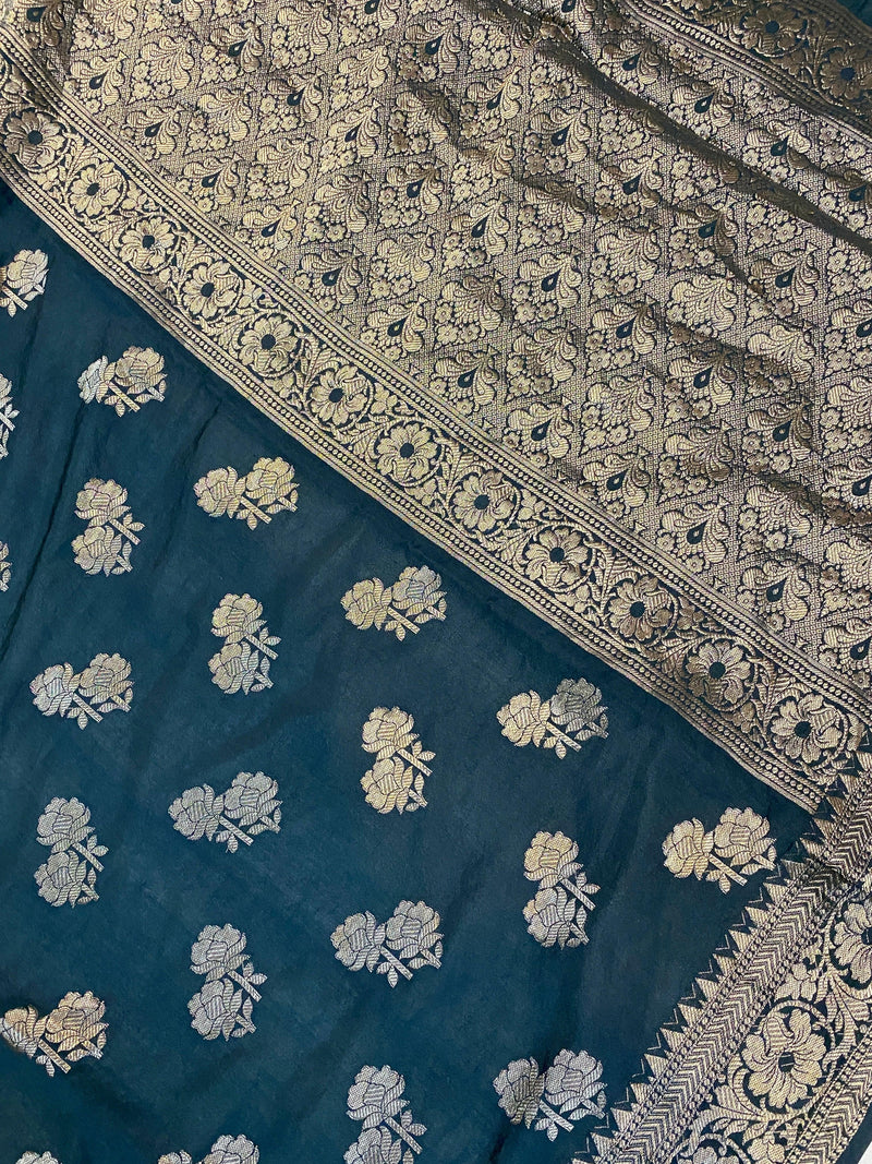Exquisite Black Handloom Georgette Banarasi Sari: Elevate Your Party Look - Shades Of Benares