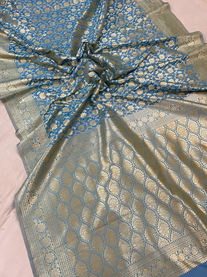 Exquisite Blue Handwoven Katan Uppada Silk Banarasi Saree by Shades Of Benares - banarasi - banarasi saree shop