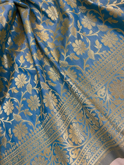 Exquisite Blue Handwoven Katan Uppada Silk Banarasi Saree by Shades Of Benares - banarasi - banarasi saree shop