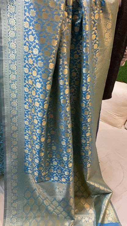 Exquisite Blue Handwoven Katan Uppada Silk Banarasi Saree by Shades Of Benares - banarasi - banarasi saree shop