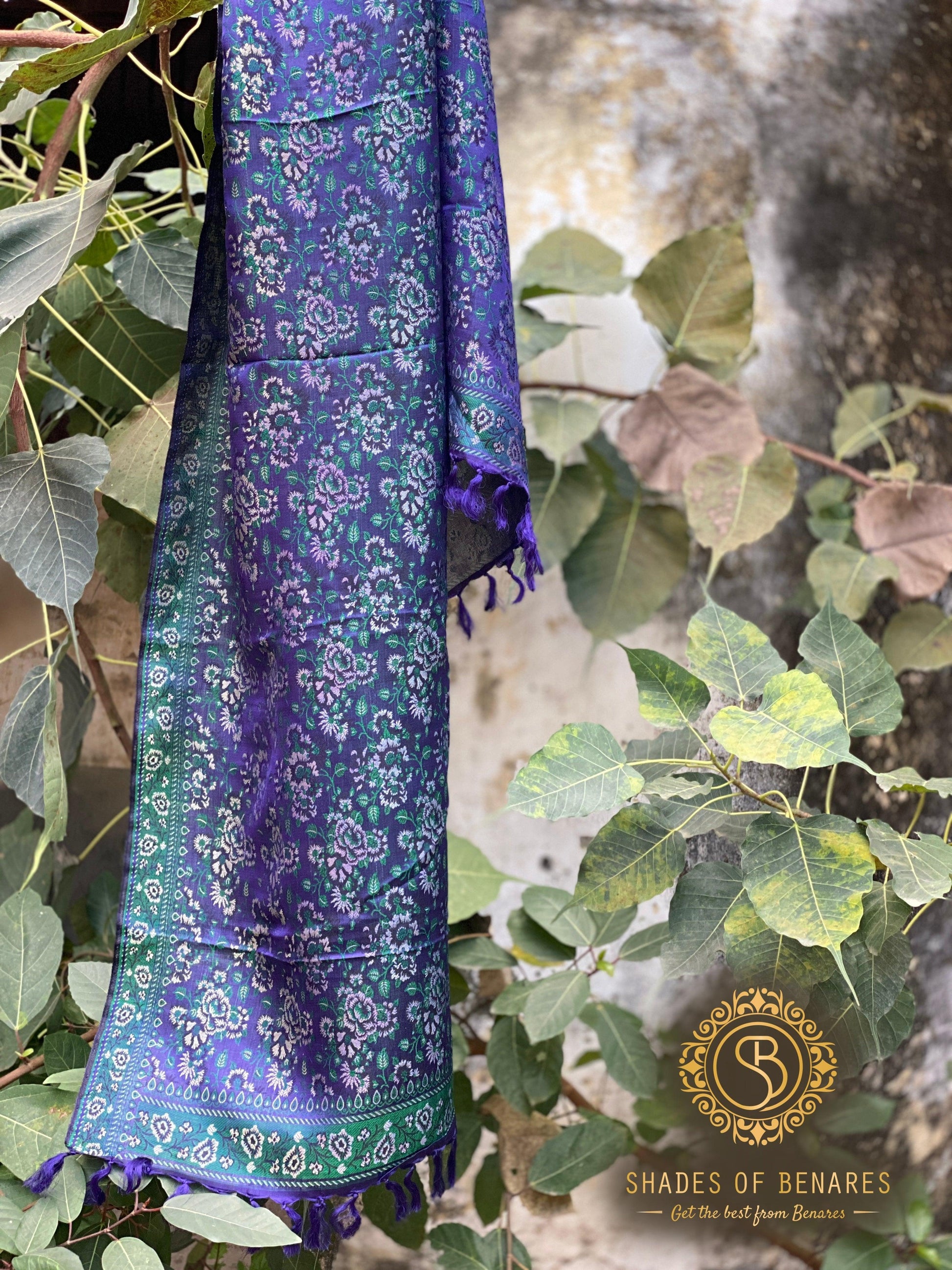 Exquisite Blue Pure Silk Handloom Printed Banarasi Scarf by Shades Of Benares - banarasi - banarasi saree shop