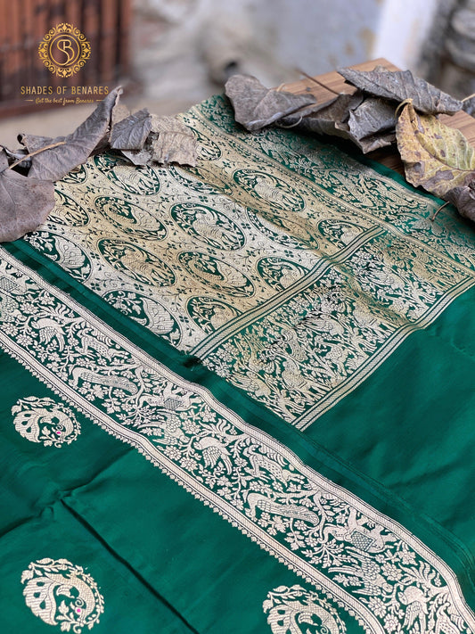 Exquisite Bottle Green Banarasi Silk Handloom Kadhwa Saree with Shikargaah Weave by Shades Of Benares - banarasi - banarasi saree shop