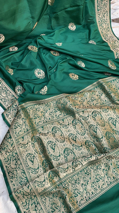 Exquisite Bottle Green Banarasi Silk Handloom Kadhwa Saree with Shikargaah Weave by Shades Of Benares - banarasi - banarasi saree shop