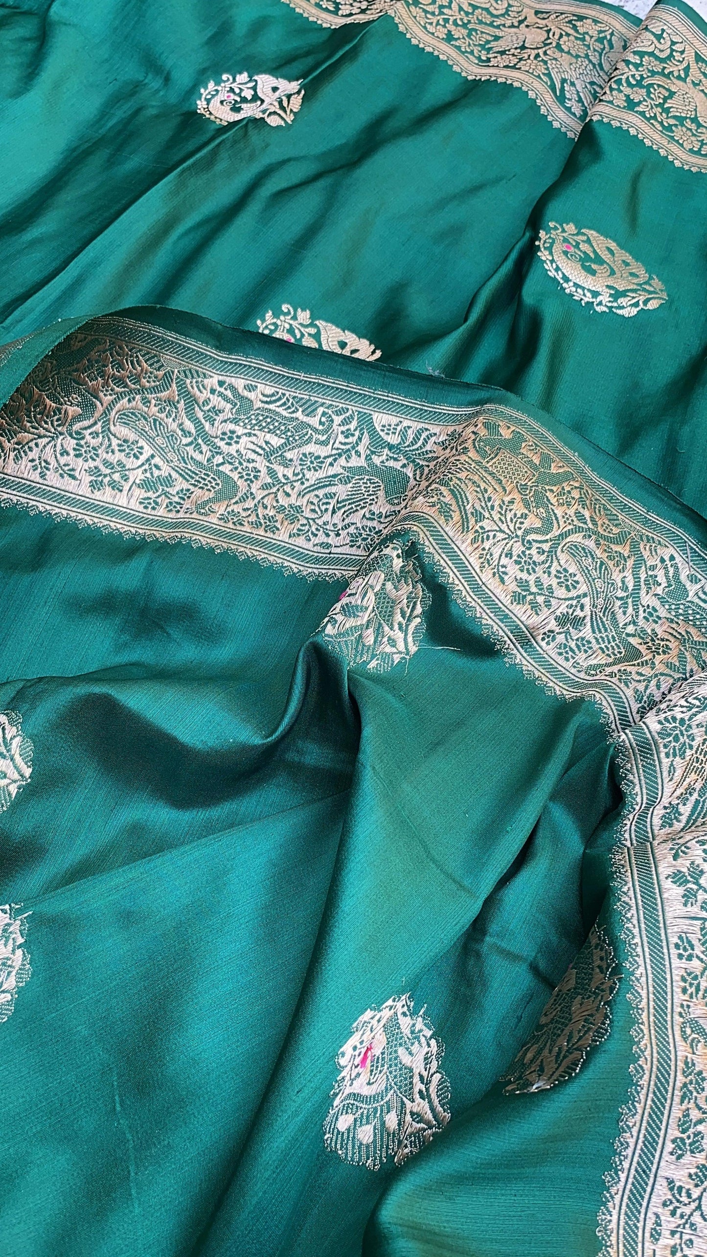 Exquisite Bottle Green Banarasi Silk Handloom Kadhwa Saree with Shikargaah Weave by Shades Of Benares - banarasi - banarasi saree shop