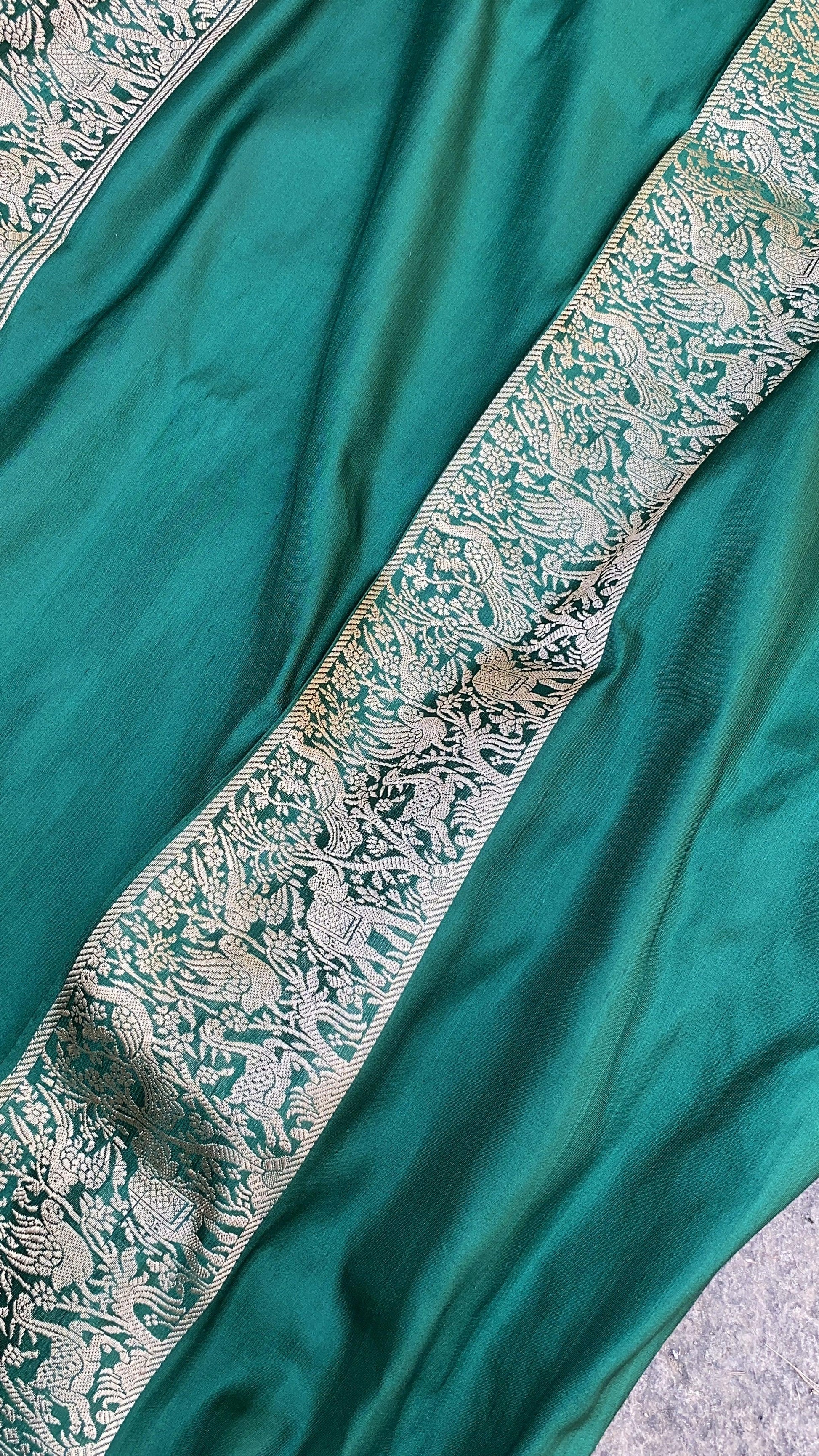 Exquisite Bottle Green Banarasi Silk Handloom Kadhwa Saree with Shikargaah Weave by Shades Of Benares - banarasi - banarasi saree shop