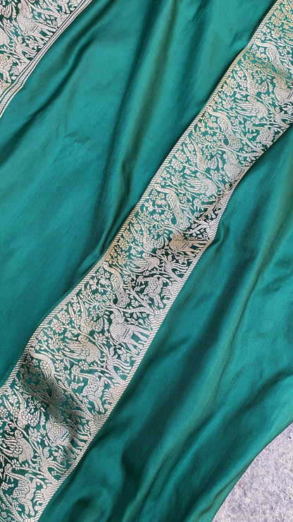 Exquisite Bottle Green Banarasi Silk Handloom Kadhwa Saree with Shikargaah Weave by Shades Of Benares - banarasi - banarasi saree shop