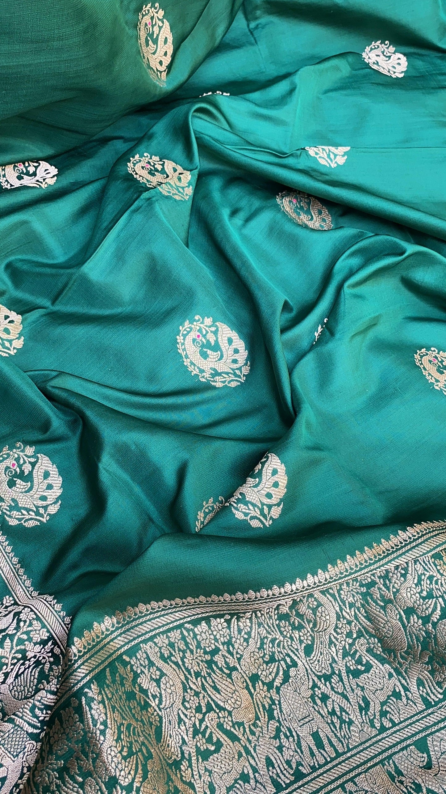 Exquisite Bottle Green Banarasi Silk Handloom Kadhwa Saree with Shikargaah Weave by Shades Of Benares - banarasi - banarasi saree shop