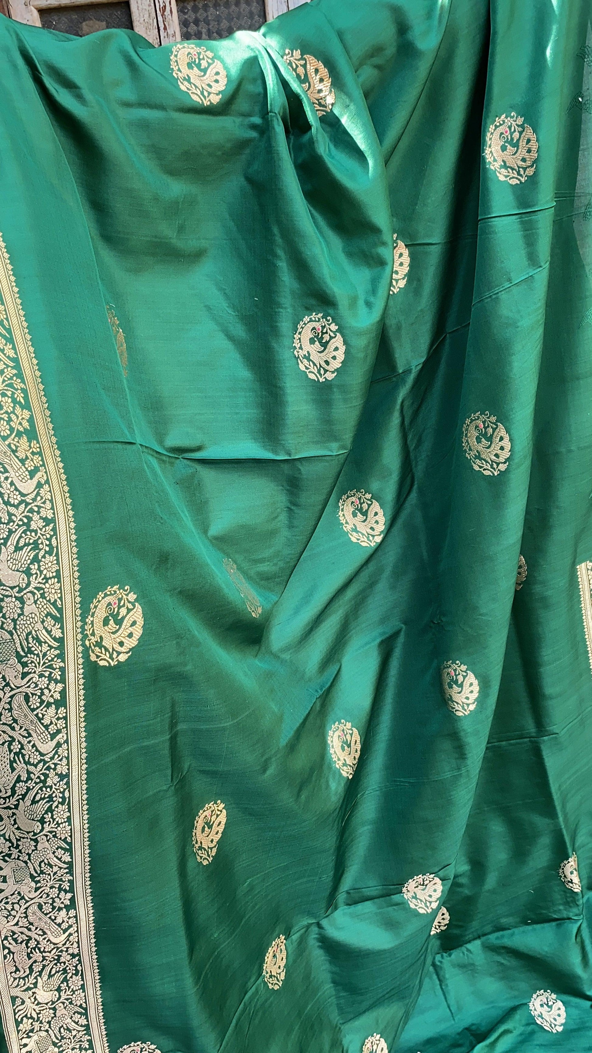 Exquisite Bottle Green Banarasi Silk Handloom Kadhwa Saree with Shikargaah Weave by Shades Of Benares - banarasi - banarasi saree shop