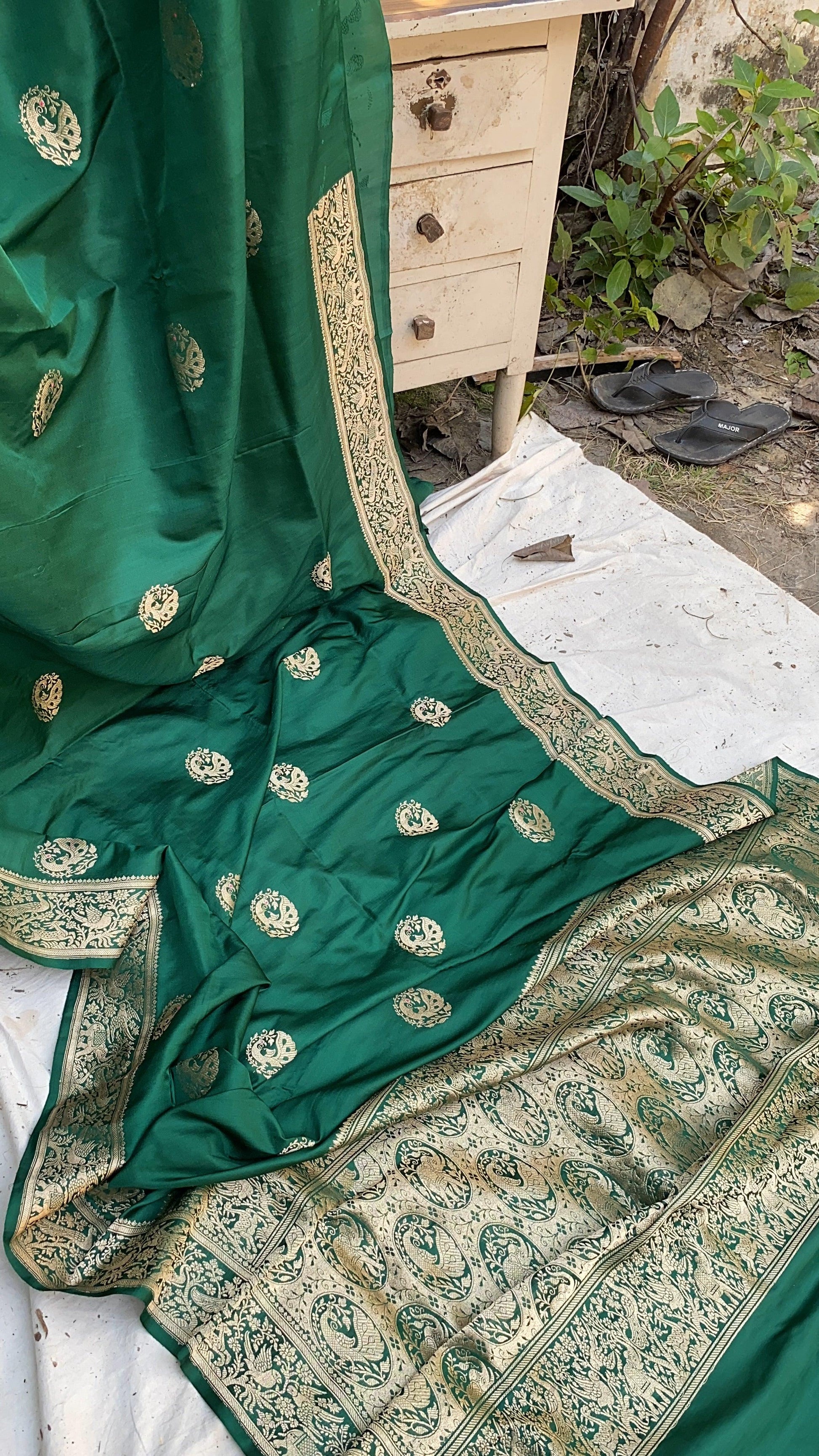 Exquisite Bottle Green Banarasi Silk Handloom Kadhwa Saree with Shikargaah Weave by Shades Of Benares - banarasi - banarasi saree shop