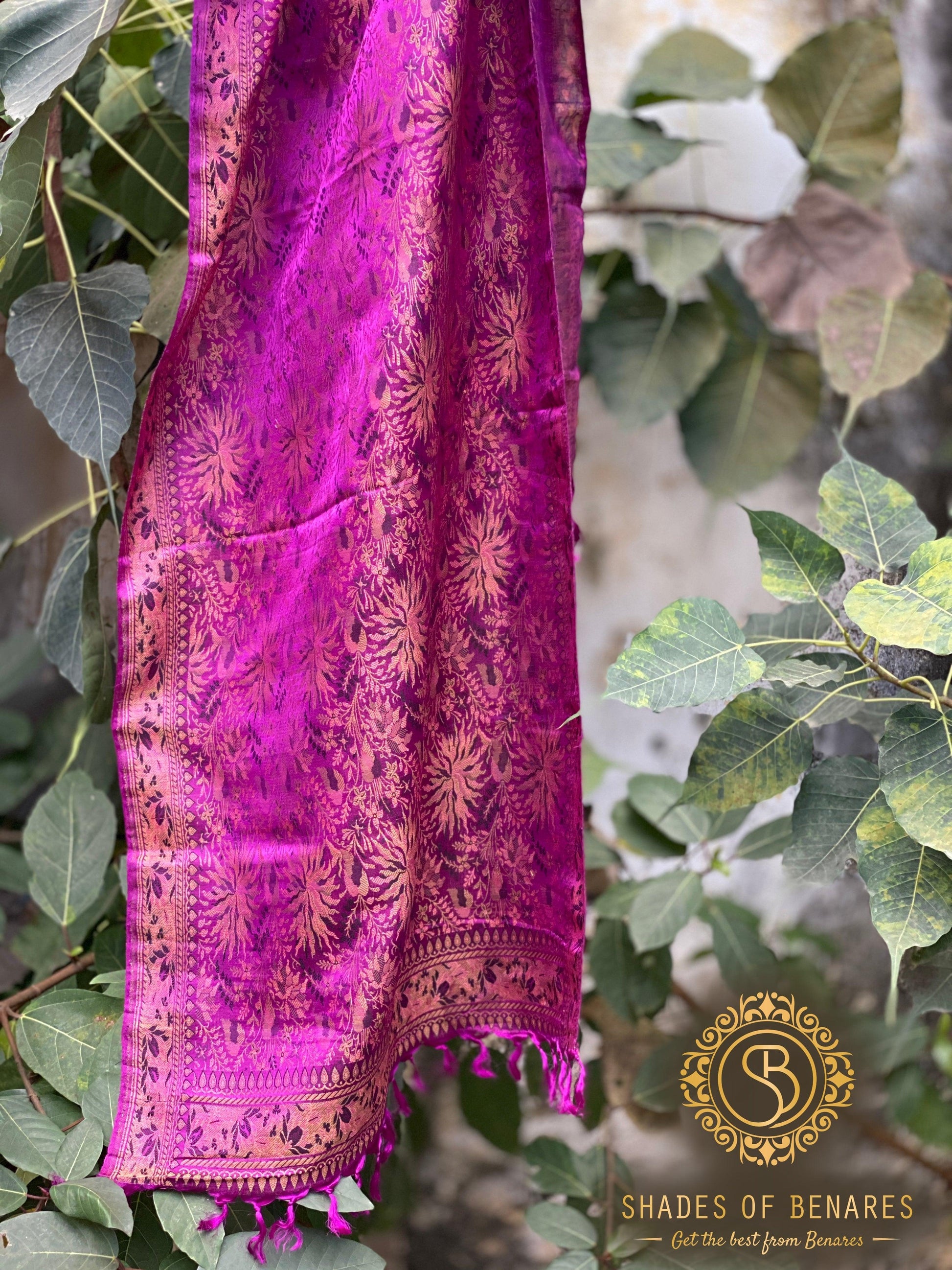 Exquisite Classic Raani Pink Pure Silk Handloom Printed Banarasi Scarf by Shades Of Benares - banarasi - banarasi saree shop