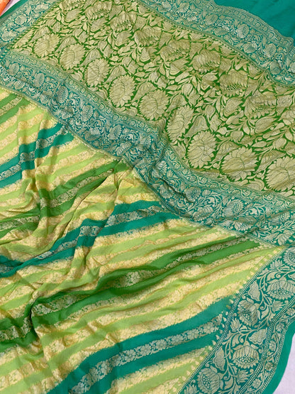 Exquisite Craftsmanship: Green Rangkaat Weaving Pure Khaddi Georgette Banarasi Sari by Shades Of Benares - banarasi - banarasi saree shop