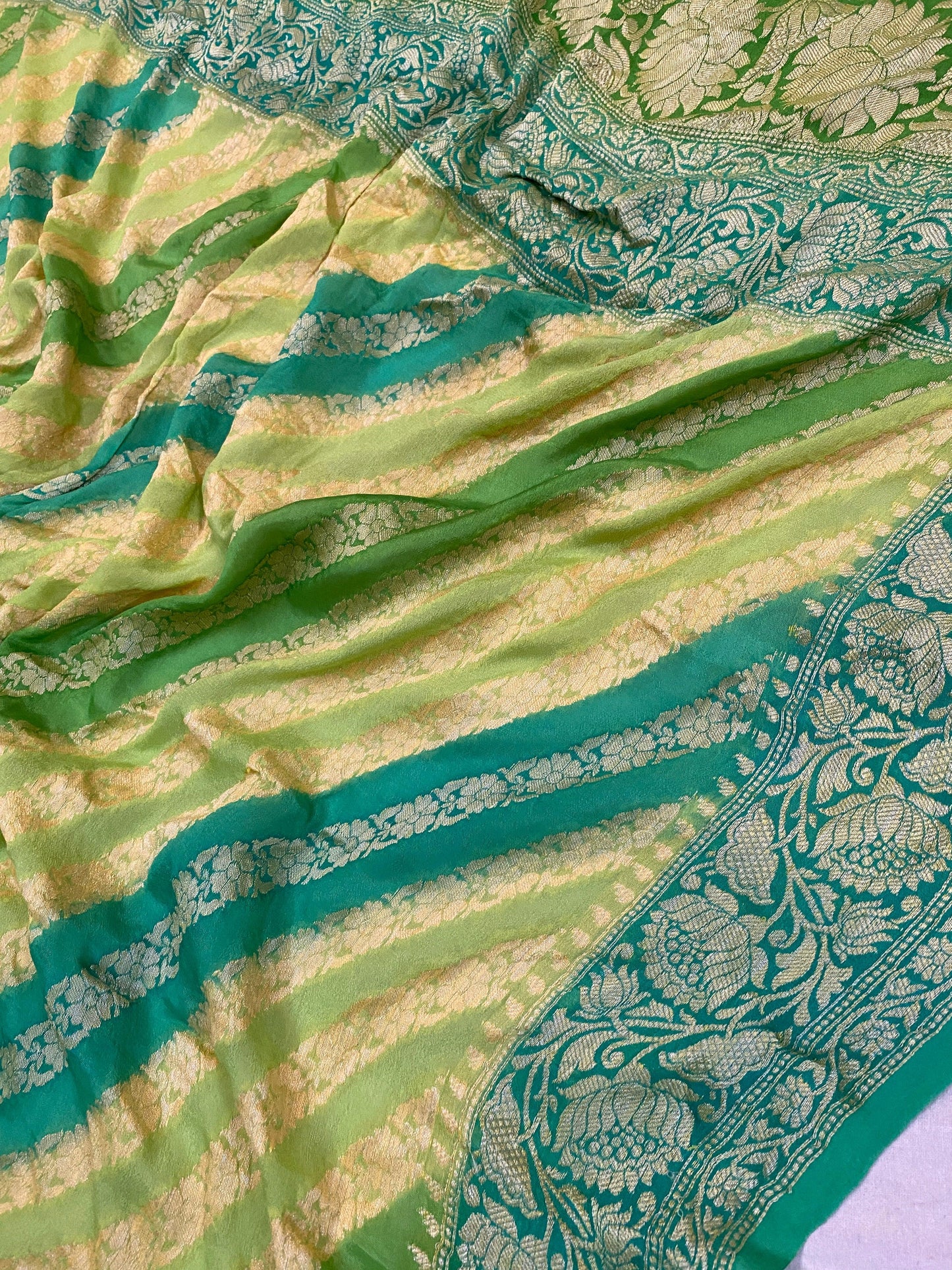 Exquisite Craftsmanship: Green Rangkaat Weaving Pure Khaddi Georgette Banarasi Sari by Shades Of Benares - banarasi - banarasi saree shop