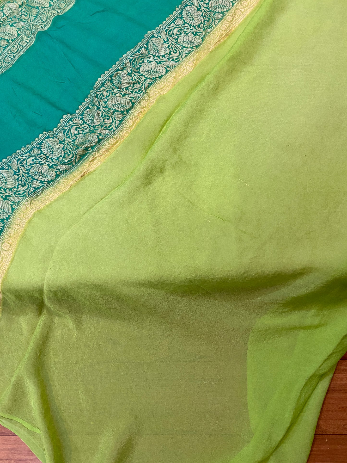 Exquisite Craftsmanship: Green Rangkaat Weaving Pure Khaddi Georgette Banarasi Sari by Shades Of Benares - banarasi - banarasi saree shop