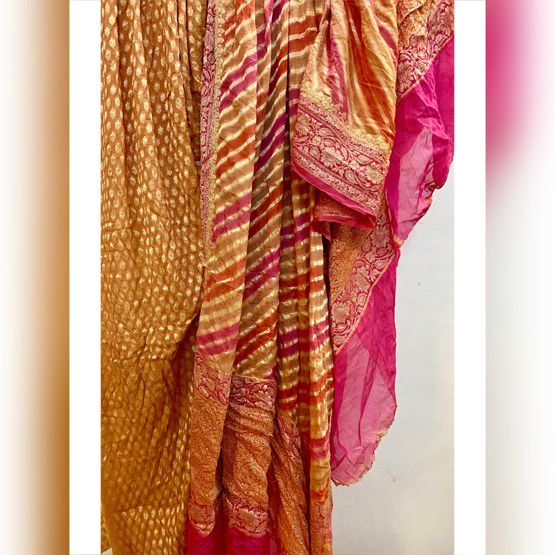 Exquisite Creme & Pink 3 pcs Khaddi Georgette Banarasi Dress Material - Shades Of Benares