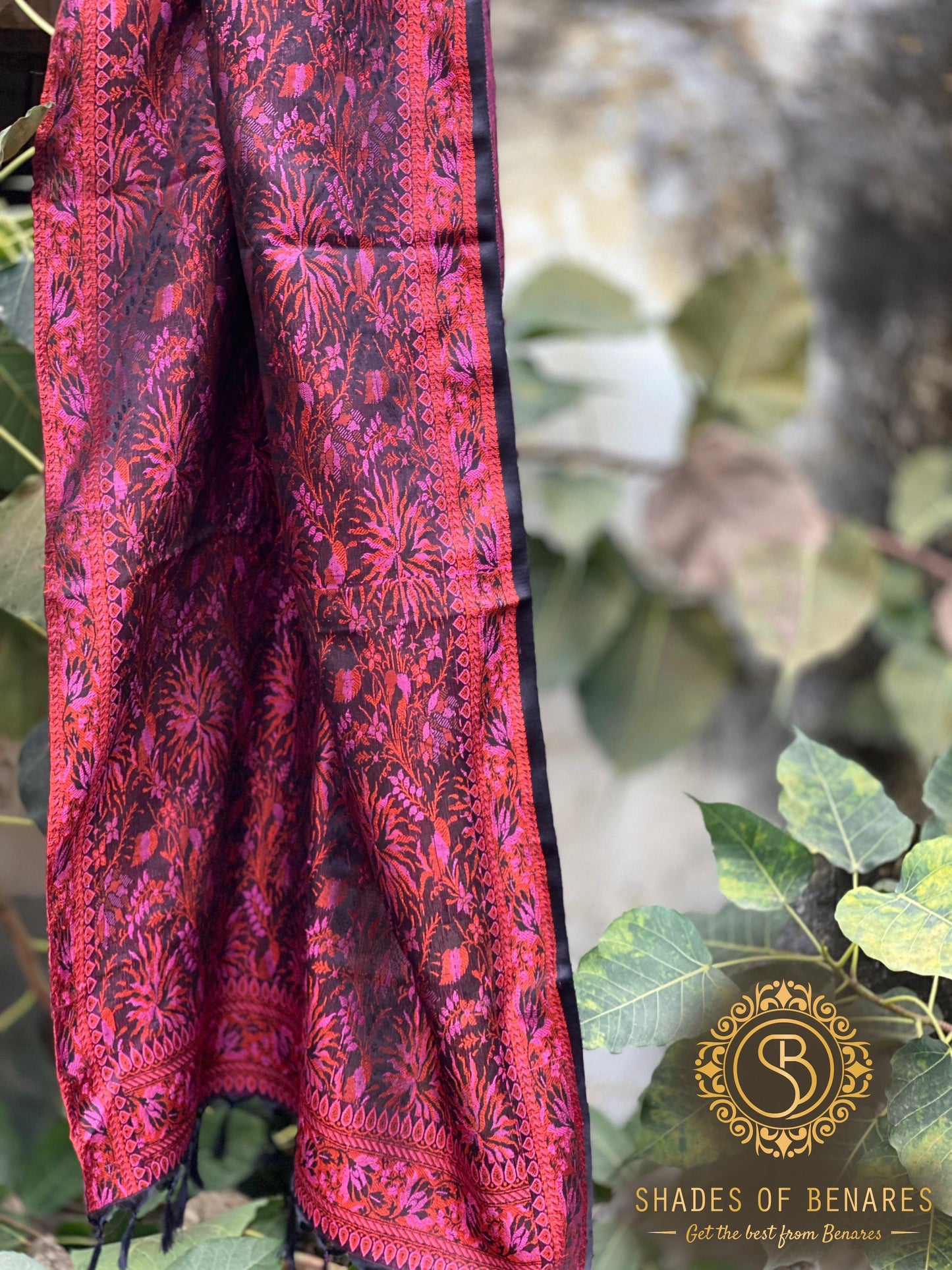 Exquisite Deep Maroon & Black Pure Silk Handloom Printed Banarasi Scarf by Shades Of Benares - banarasi - banarasi saree shop