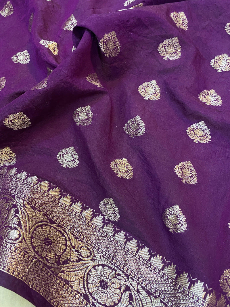 Exquisite Deep Purple Handloom Georgette Banarasi Sari: Elevate Your Party Look - Shades Of Benares