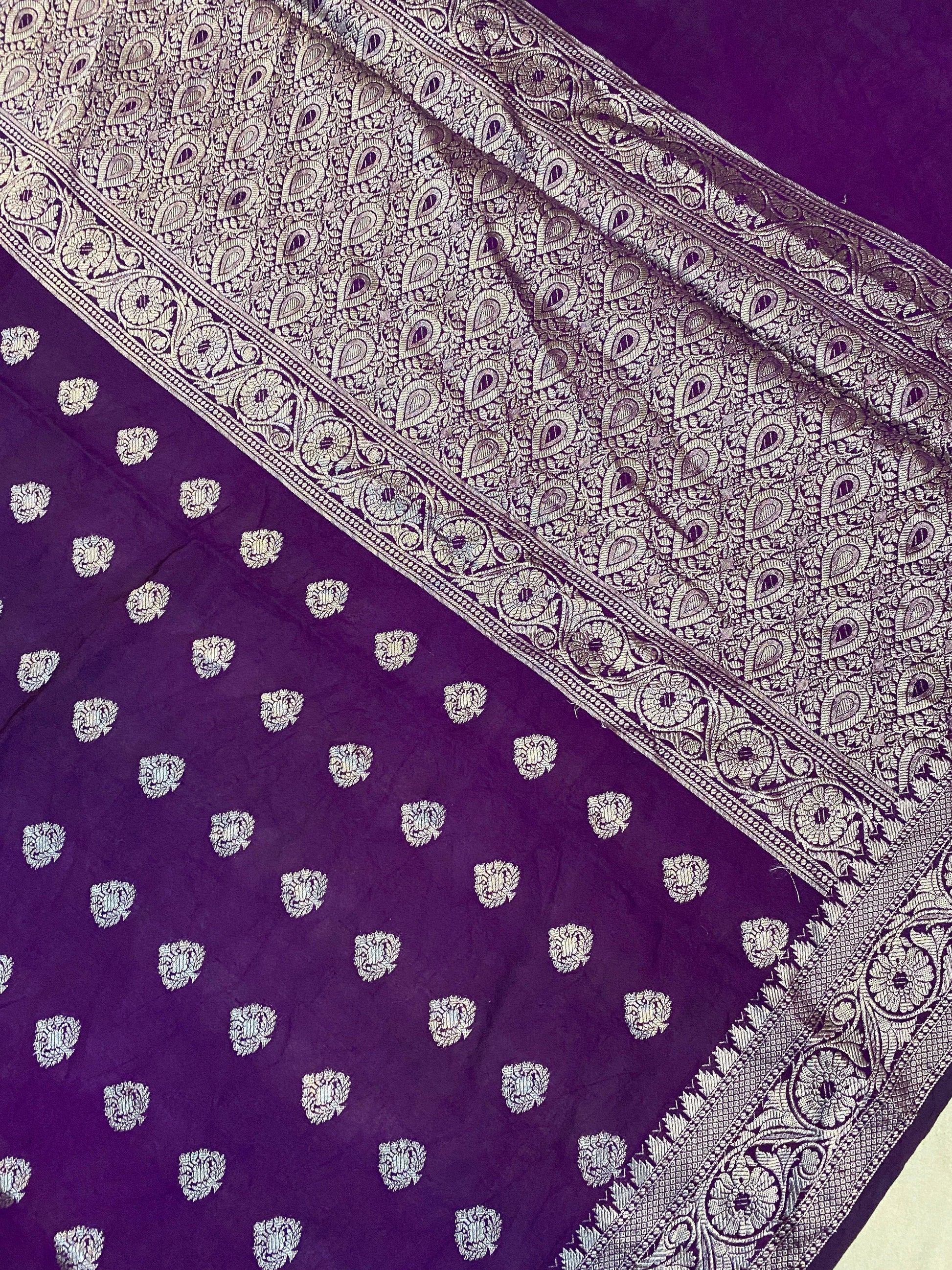 Exquisite Deep Purple Handloom Georgette Banarasi Sari: Elevate Your Party Look by Shades Of Benares - banarasi - banarasi saree shop