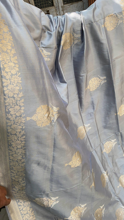 Exquisite Metallic Grey Handloom Kadhwa Sona Rupa Banarasi Silk Saree by Shades Of Benares - banarasi - banarasi saree shop