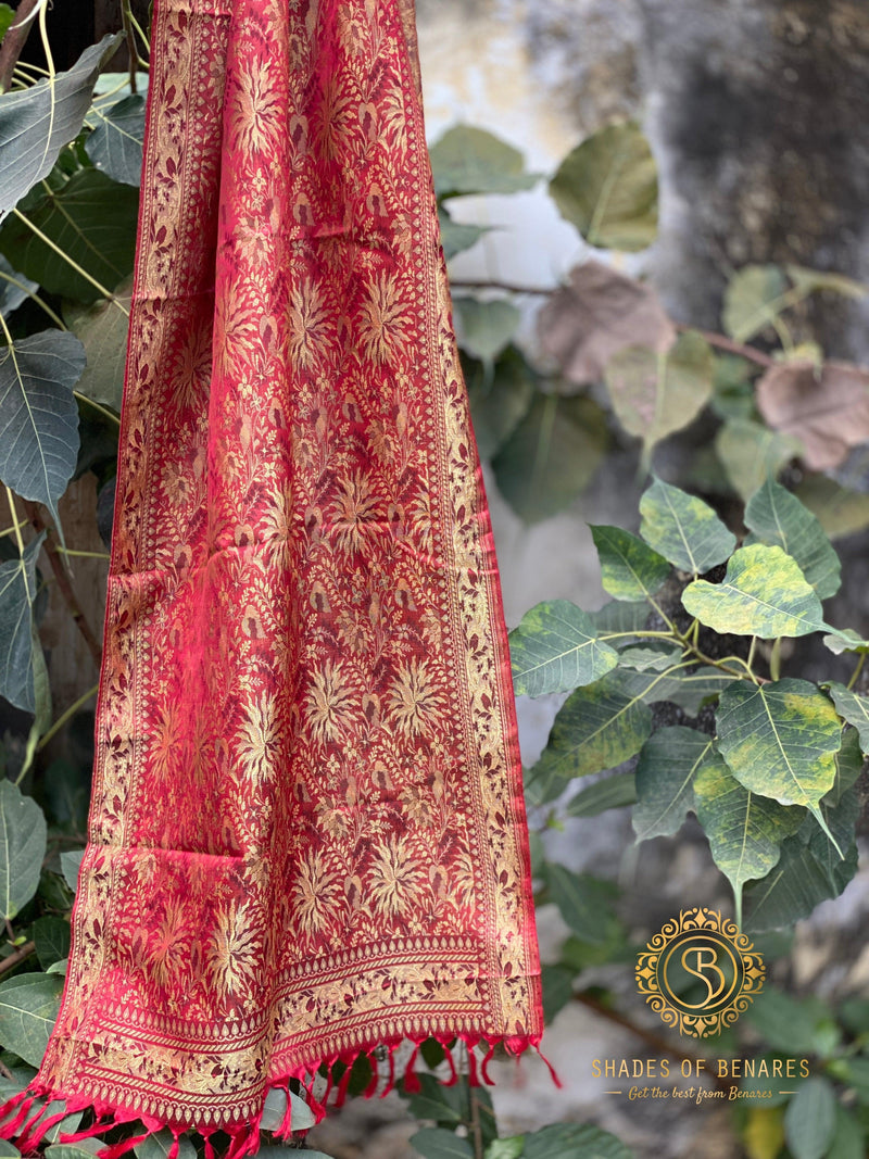 Exquisite Printed Red Pure Silk Banarasi Handloom Scarf - Shades Of Benares