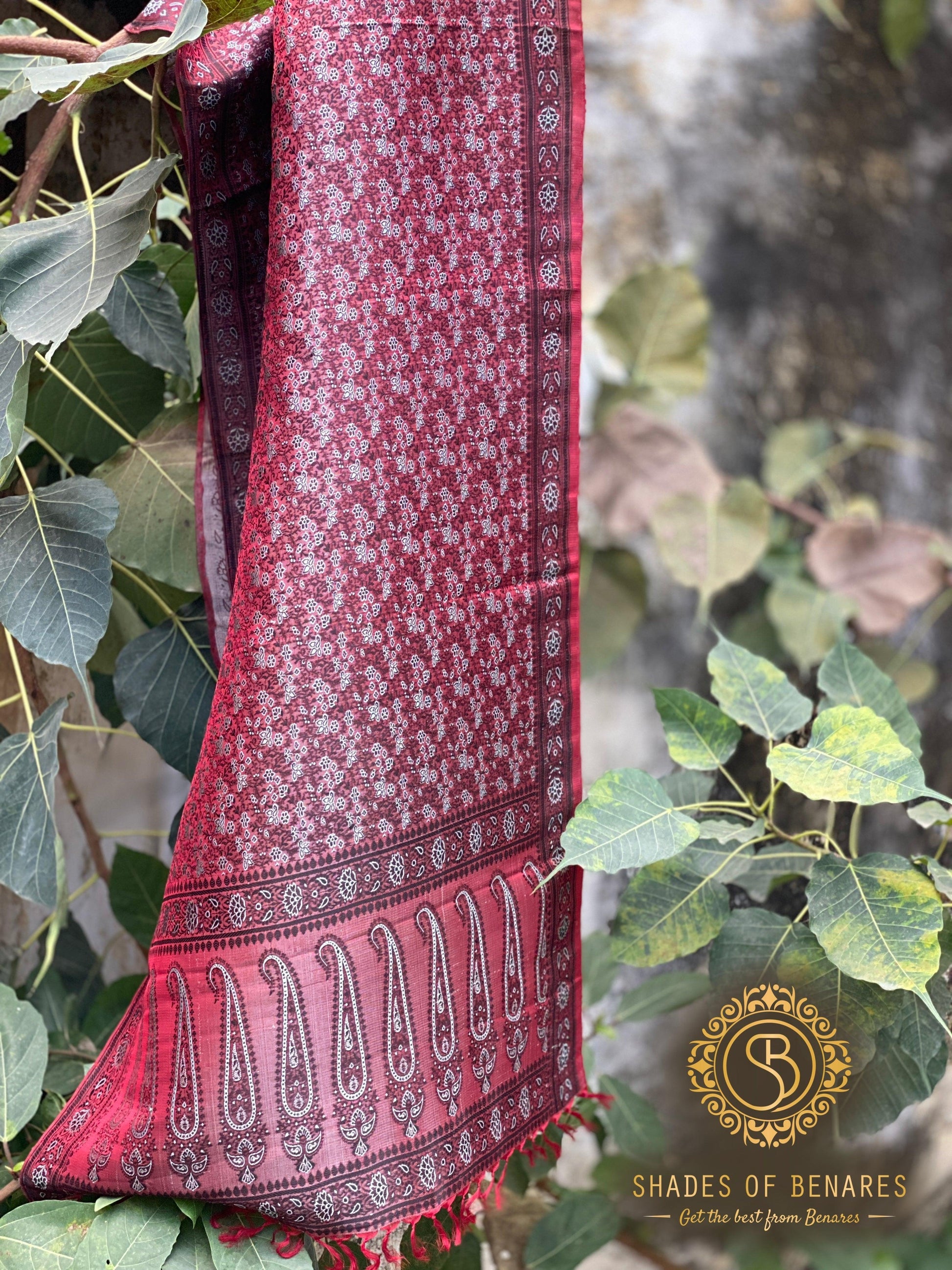 Exquisite Red Pure Silk Handloom Printed Banarasi Scarf by Shades of Benares by Shades Of Benares - banarasi - banarasi saree shop