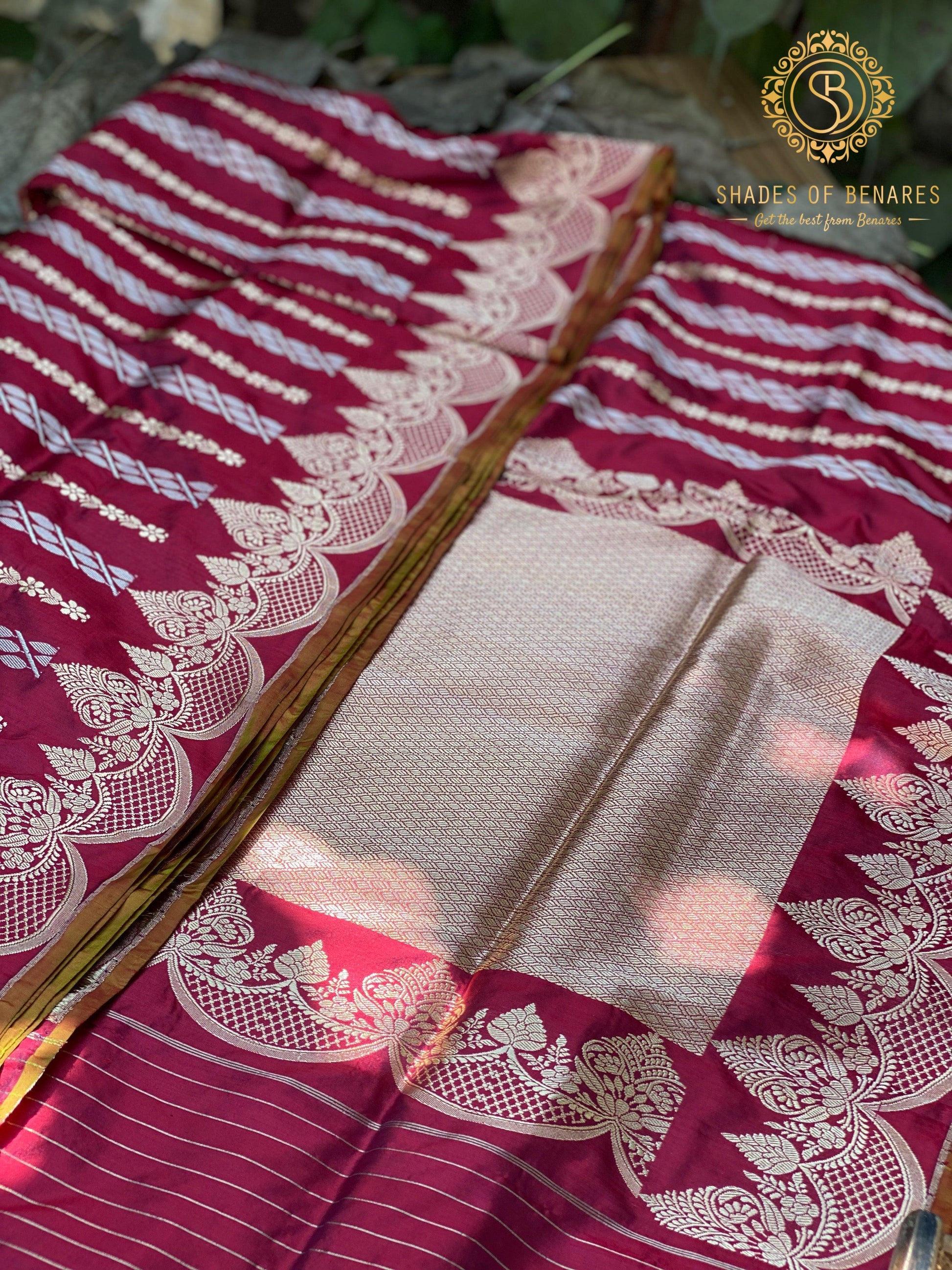 Exquisite Wine Banarasi Silk Saree Scallop Border and Kadhwa Sona Rupa Stripes by Shades Of Benares - banarasi - banarasi saree shop