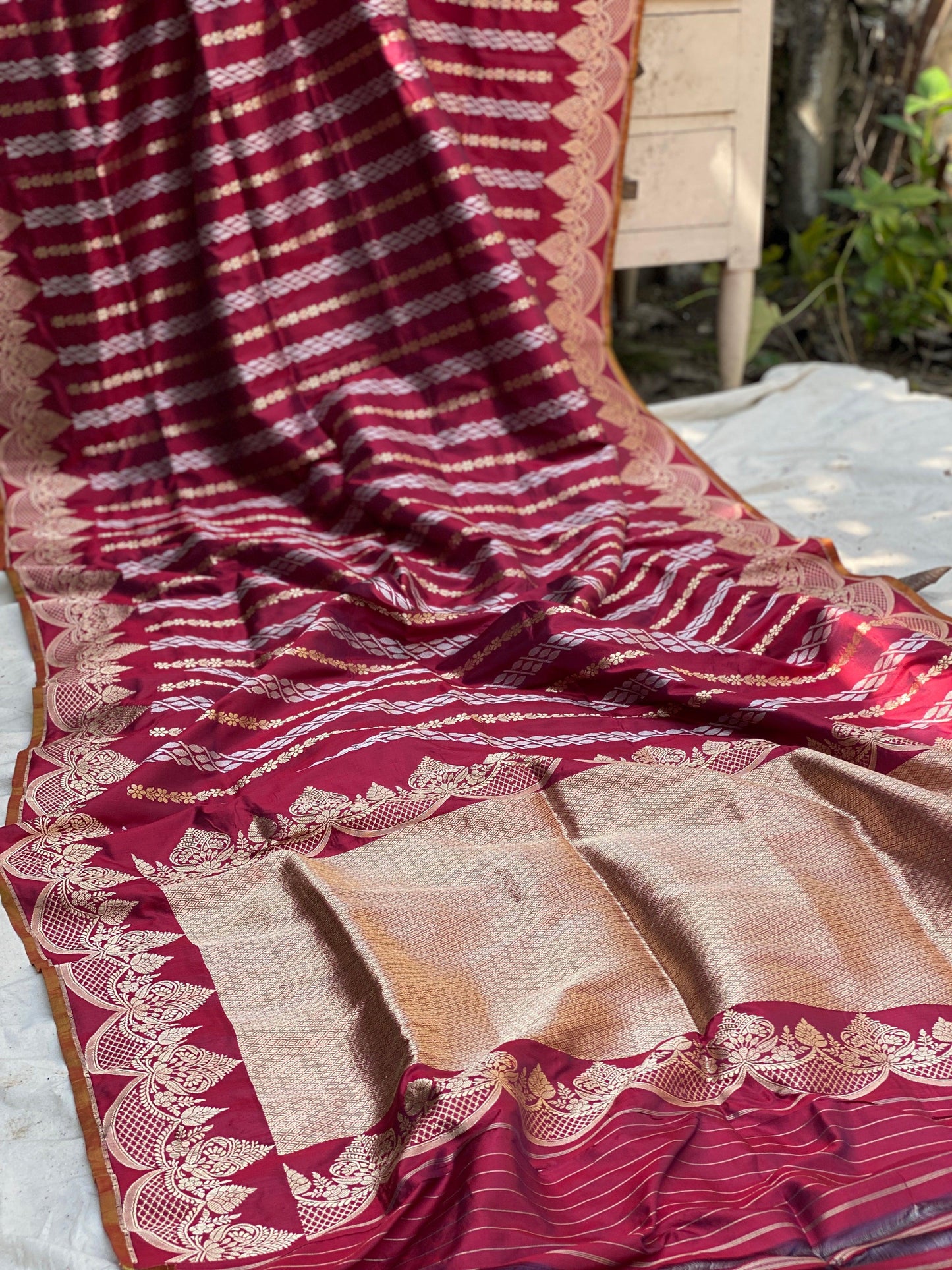 Exquisite Wine Banarasi Silk Saree Scallop Border and Kadhwa Sona Rupa Stripes by Shades Of Benares - banarasi - banarasi saree shop