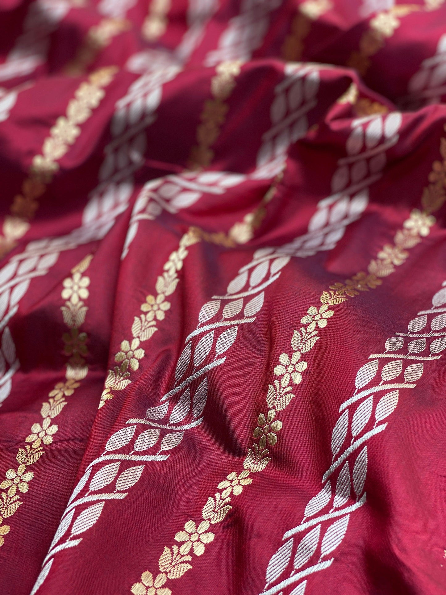 Exquisite Wine Banarasi Silk Saree Scallop Border and Kadhwa Sona Rupa Stripes by Shades Of Benares - banarasi - banarasi saree shop