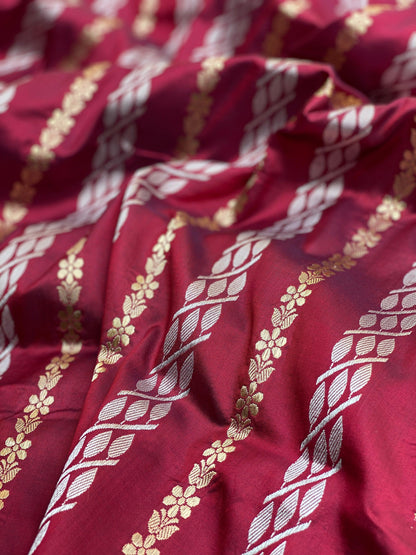 Exquisite Wine Banarasi Silk Saree Scallop Border and Kadhwa Sona Rupa Stripes by Shades Of Benares - banarasi - banarasi saree shop