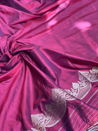 Exquisite Wine Banarasi Silk Saree Scallop Border and Kadhwa Sona Rupa Stripes by Shades Of Benares - banarasi - banarasi saree shop