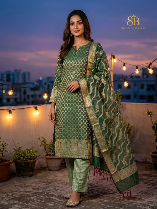 Fern Green pure cotton silk Banarasi handloom unstitched suit set