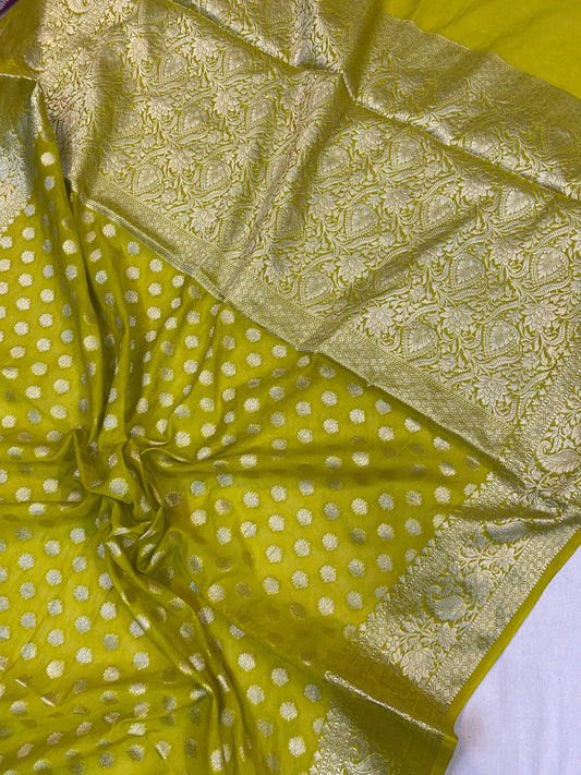 Festive Yellow Handloom Cotton Silk Banarasi Saree by Shades Of Benares - banarasi - banarasi saree shop