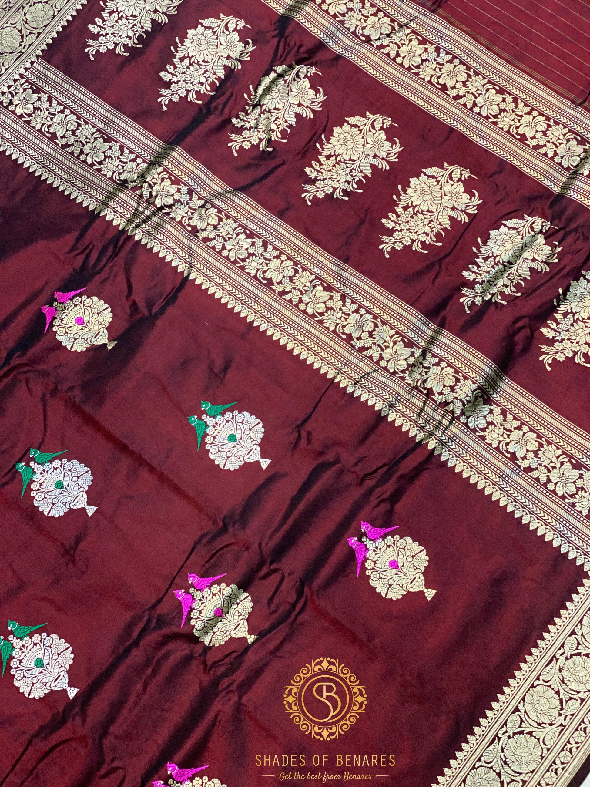 Fine Wine Kadhwa Handloom Shikargaah Pure Silk Banarasi Sari by Shades Of Benares - banarasi - banarasi saree shop