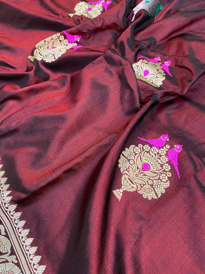 Fine Wine Kadhwa Handloom Shikargaah Pure Silk Banarasi Sari by Shades Of Benares - banarasi - banarasi saree shop