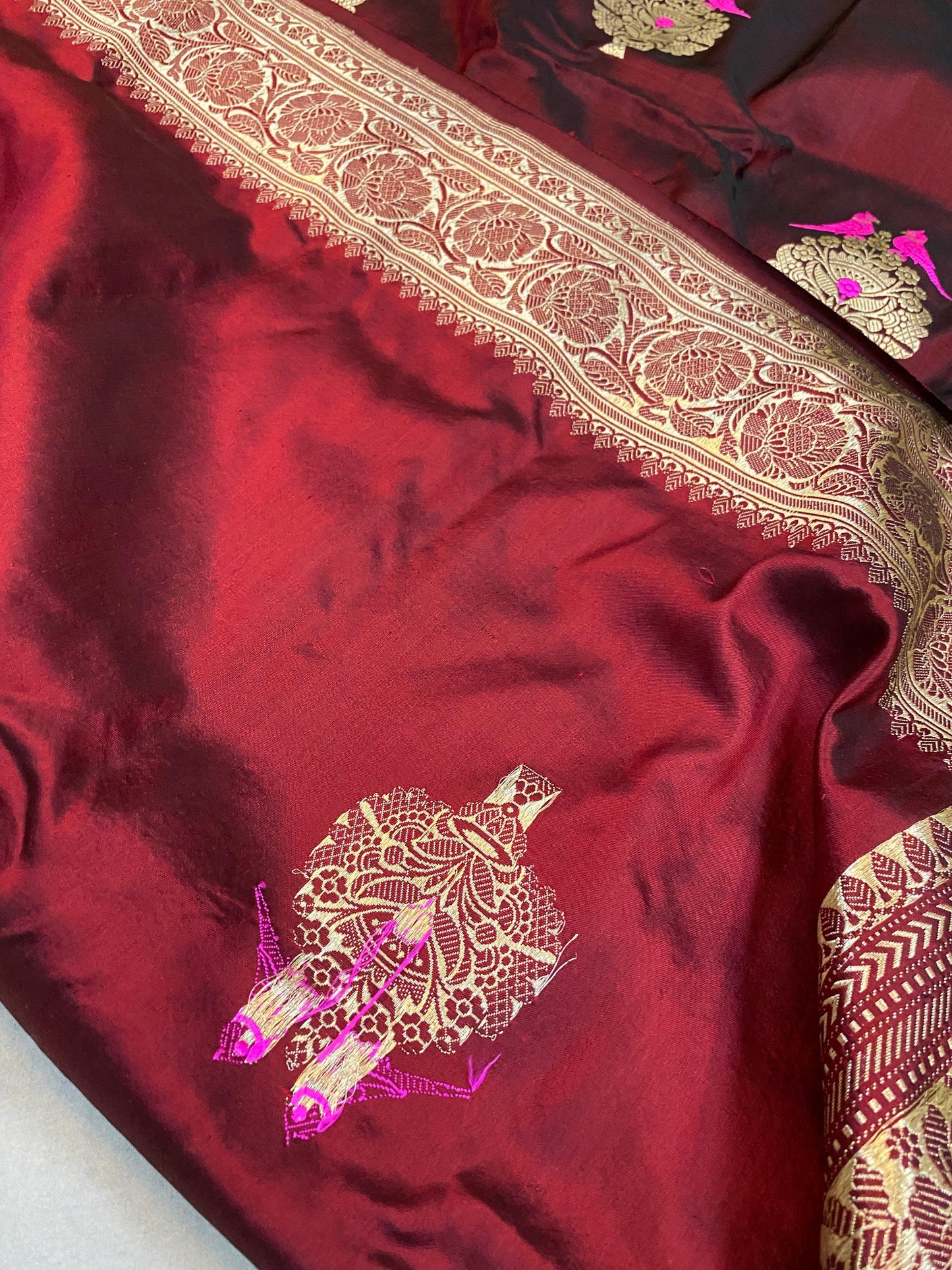 Fine Wine Kadhwa Handloom Shikargaah Pure Silk Banarasi Sari by Shades Of Benares - banarasi - banarasi saree shop