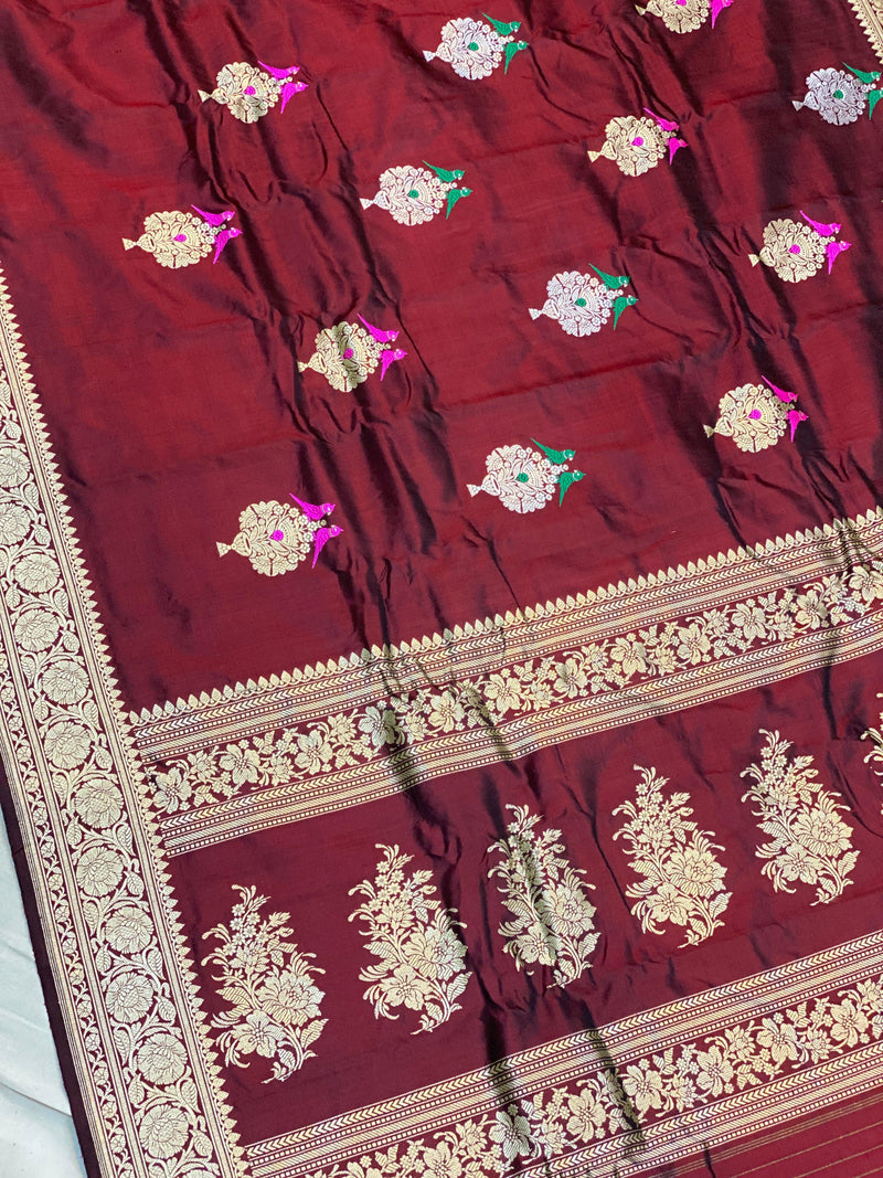 Fine Wine Kadhwa Handloom Shikargaah Pure Silk Banarasi Sari by Shades Of Benares - banarasi - banarasi saree shop