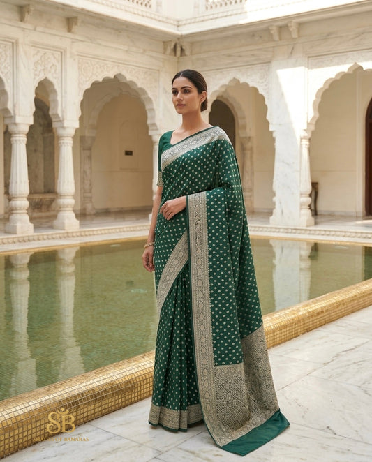 Forest green pure Katan silk Banarasi handloom saree in marble courtyard