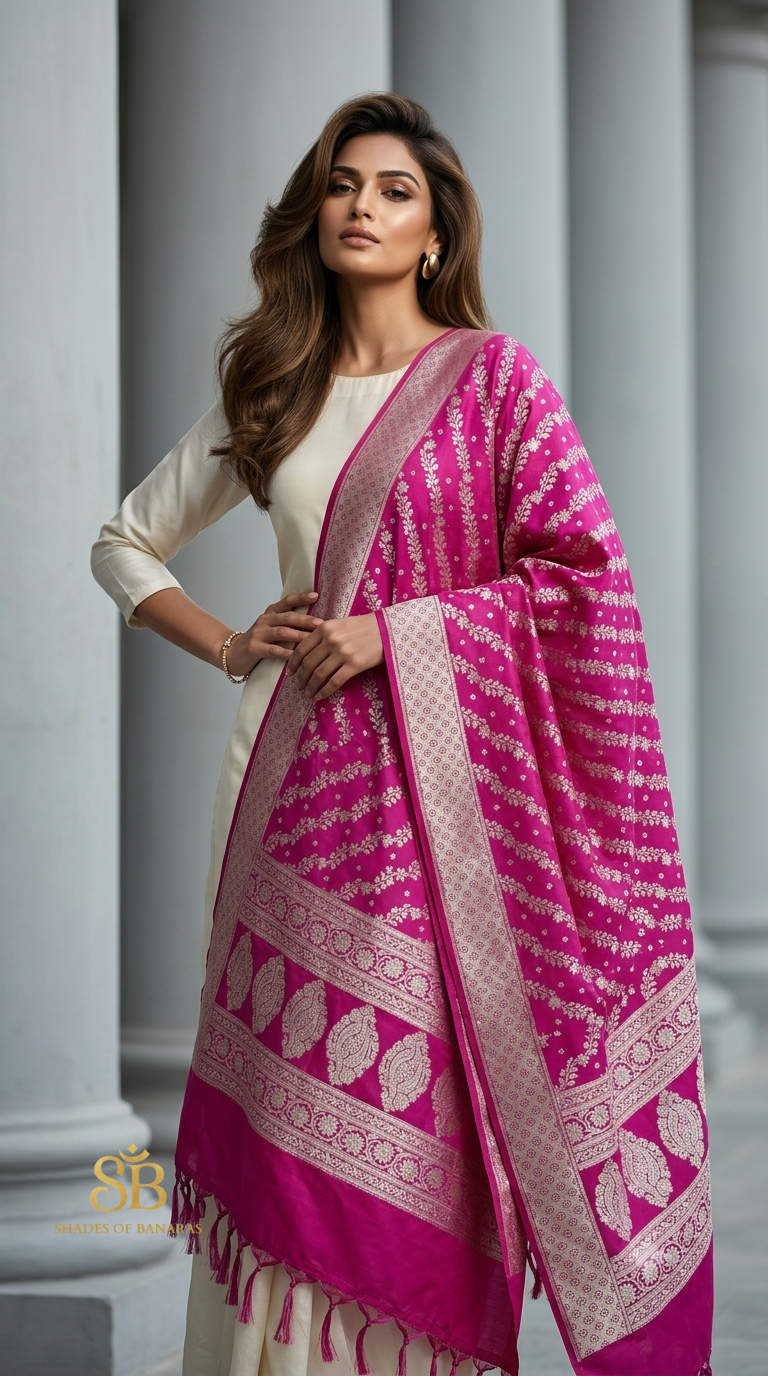 Fuchsia Elegance Pink Couture Handloom Banarasi Katan Silk Dupatta - Shades of Banaras